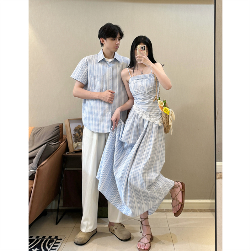 蓝色格纹蕾丝显瘦高级感长裙