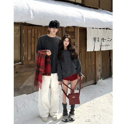 超好看小众复古慵懒灰色情侣毛衣