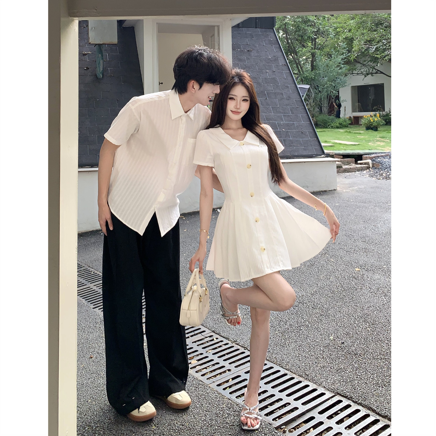 小众设计感情侣装夏季2026韩版短袖衬衫男女连衣裙法式一裙一衣潮