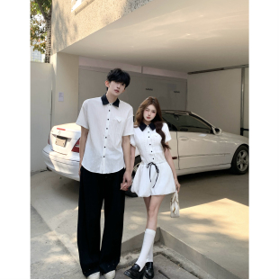 夏季 两件套法式 2026小众设计感韩版 衬衫 一衣一裙ins潮 短袖 情侣装