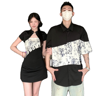 新中式情侣装夏季小众设计感短袖衬衫女旗袍连衣裙法式一裙一衣潮