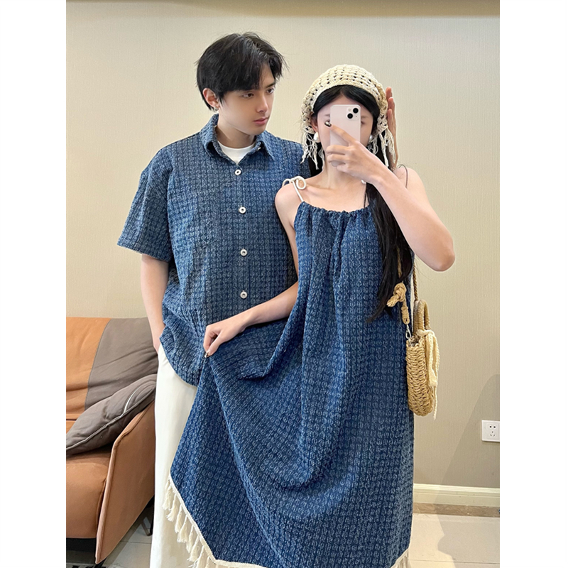 小众设计感情侣装夏季2025韩版短袖衬衫女连衣裙法式一裙一衣潮流