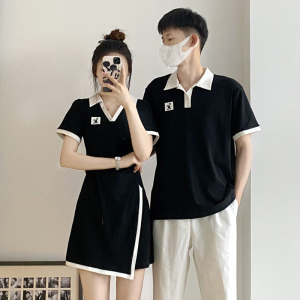 小众设计感情侣装夏季2023韩版短袖T恤女连衣裙法式一裙一衣ins潮
