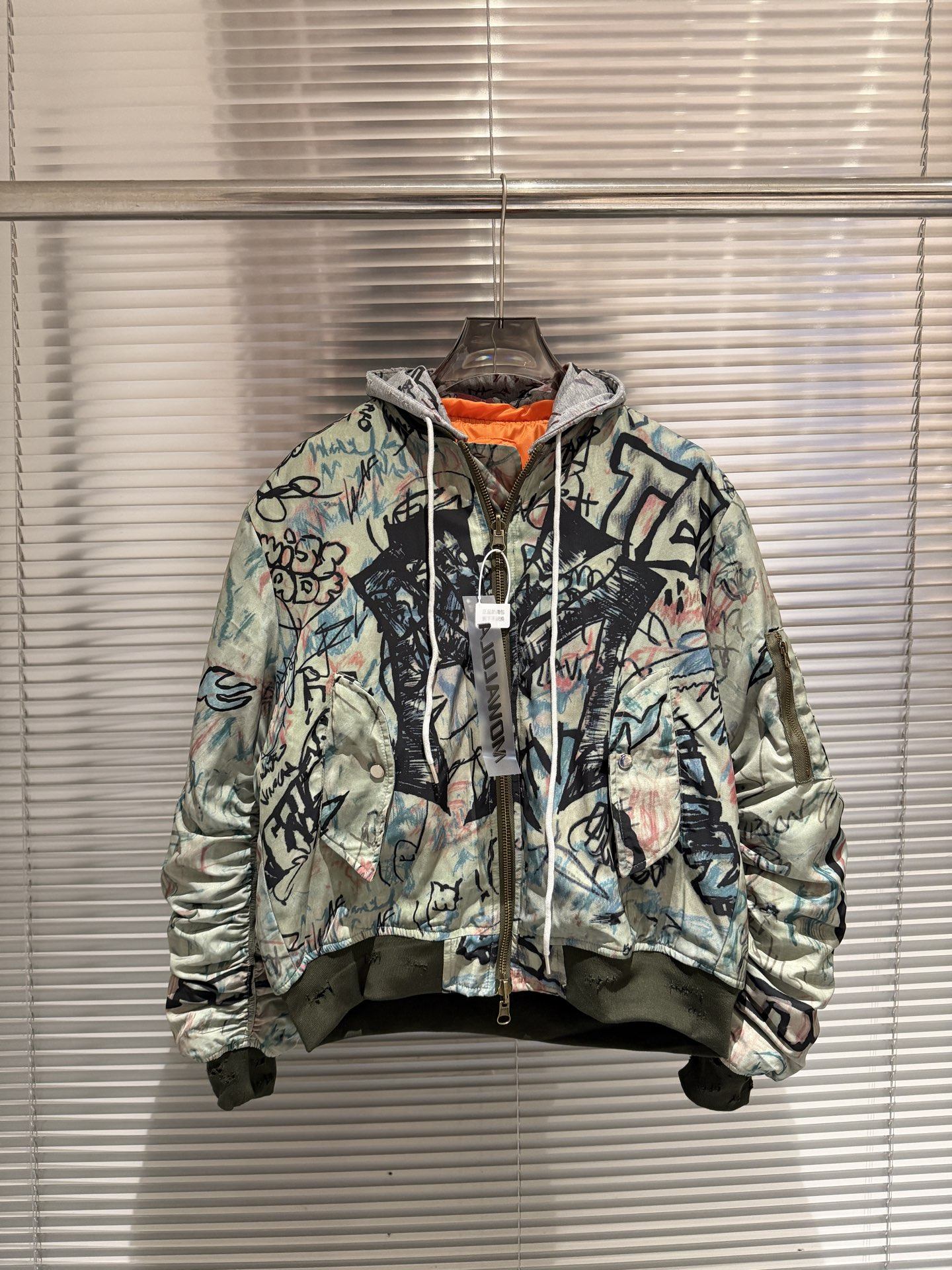 thumbnail for Mowalola Niche Trendy Brand Hand-Painted Graffiti Letter Distressed Jacket American Casual Heavyweight Zipper Coat Cotton Jacket