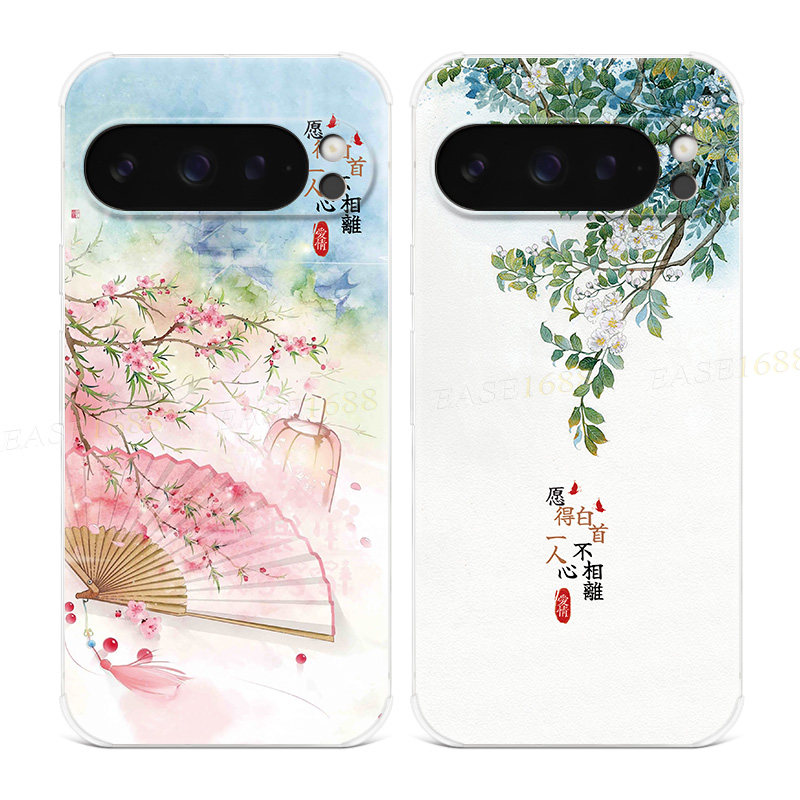 古风文艺桃花适用谷歌Pixel10手机壳9pro/8/7/6A艺术XL简约中国风小清新女款气囊防摔软