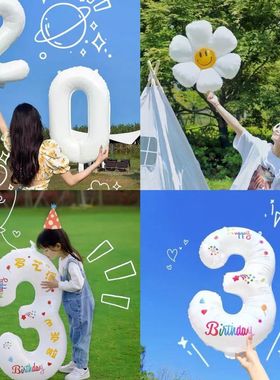 32寸数字铝模气球白色户外儿童周岁生日装饰派对场景布置拍照道具