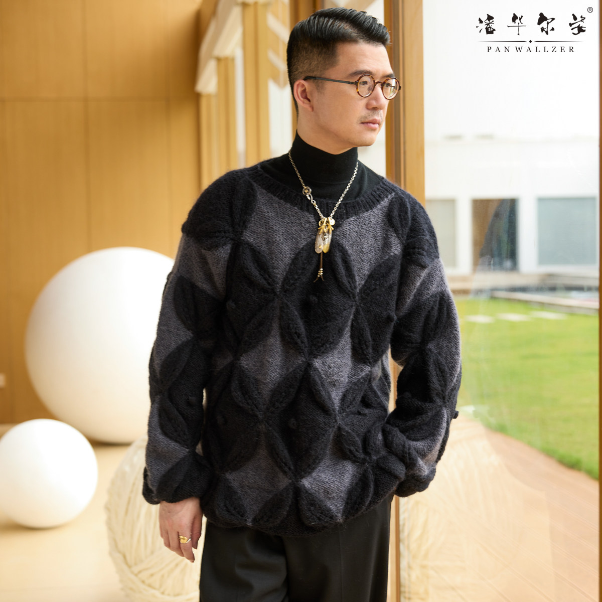 潘华尔姿新品重工手工编织撞色叶子球球毛衣马海毛套头款宽松定制