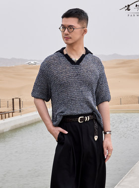 潘华尔姿原创设计长短针小亮片POLO领手工编织镂空休闲套头衫男款