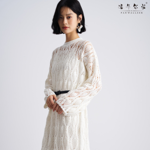 潘华尔姿原创设计新中式 高端定制 勾针菠萝花直筒连衣裙女长裙时尚