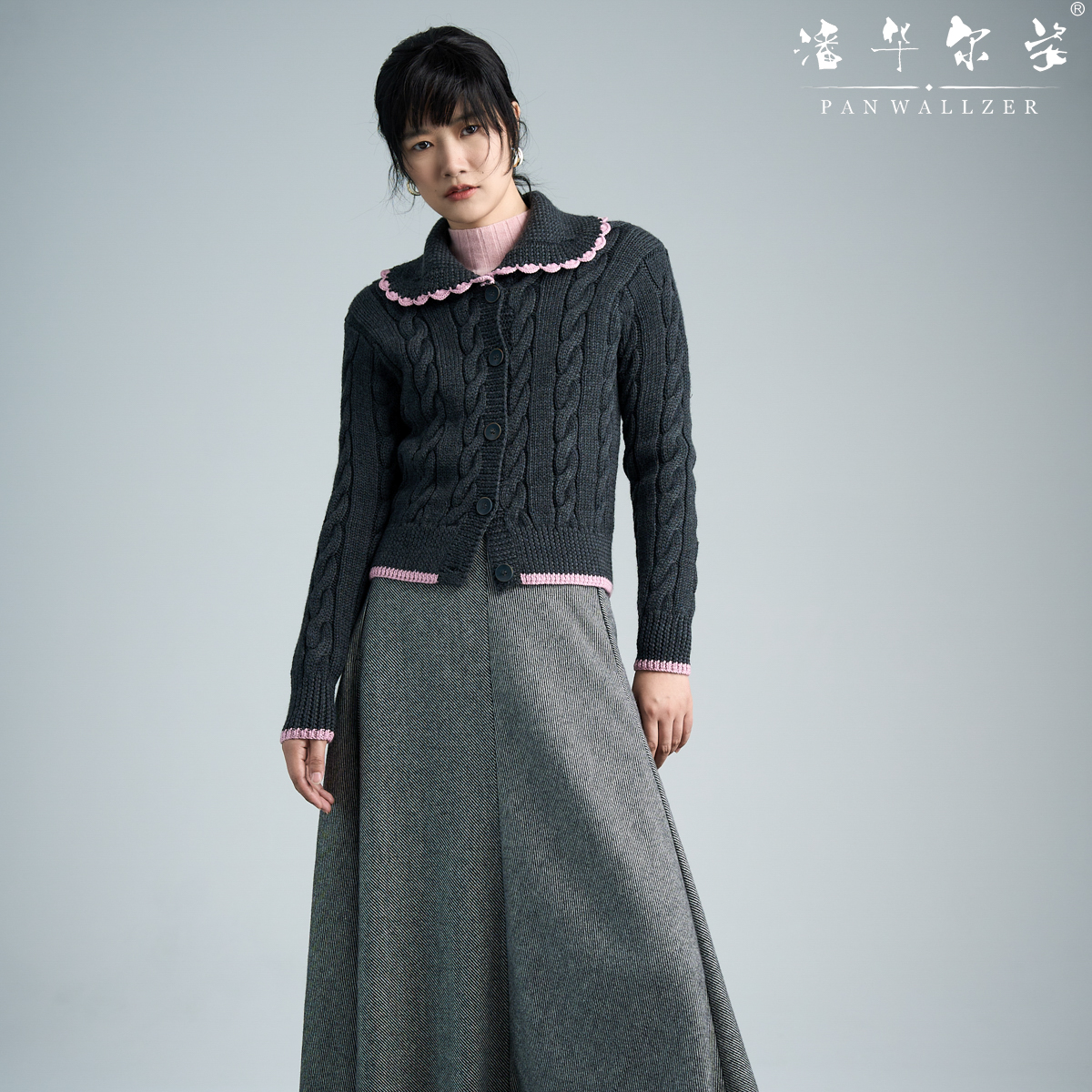 潘华尔姿秋冬全新设计短款修身翻领钩花边小开衫纯手工高端定制