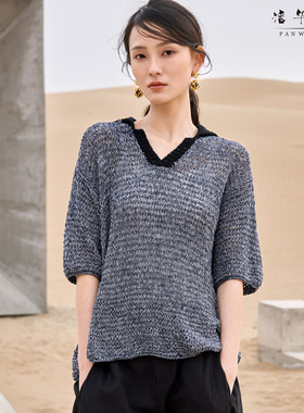 潘华尔姿夏季新款原创设计长短针小亮片POLO领手工编织套头衫短袖
