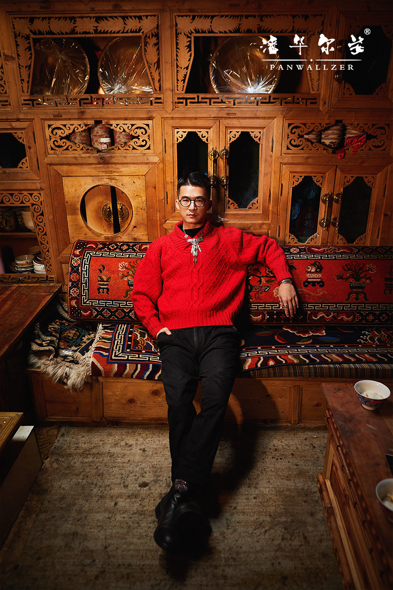 潘毛衣小哥纯手工编织毛衣男式宽松慵懒插肩袖小青果领个人定制新