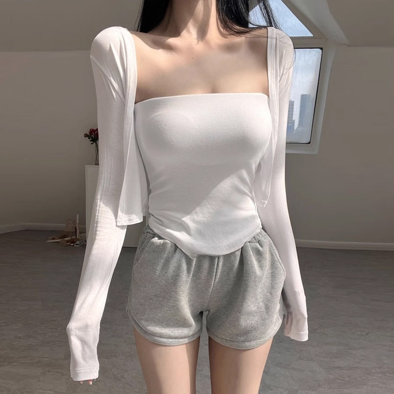 修身春夏款辣妹休闲百搭短款白色长袖外套外穿上衣罩衫坎肩披肩女