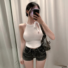 短款紧身收腰辣妹显胸性感t恤系带薄款无袖小背心内搭上衣女夏季