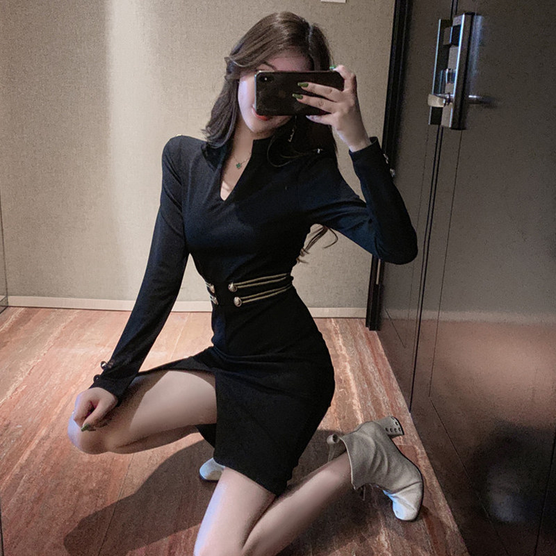 设计感黑色修身显瘦开叉裙子长袖v领性感包臀御姐气质连衣裙女装