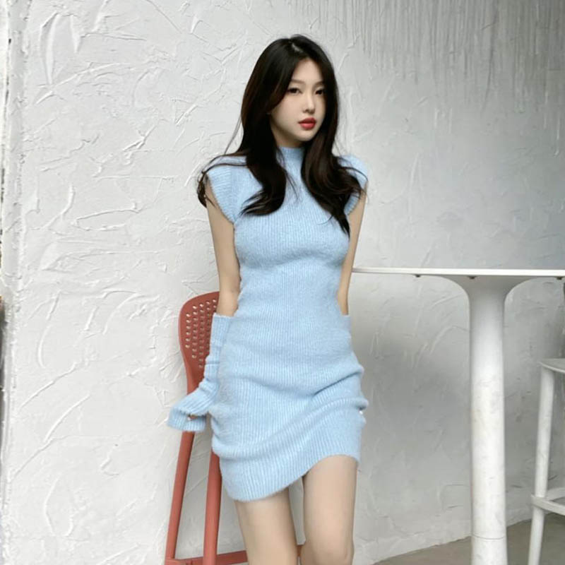水貂毛软糯名媛纯欲针织毛衣裙短裙修身包臀性感气质连衣裙女秋冬