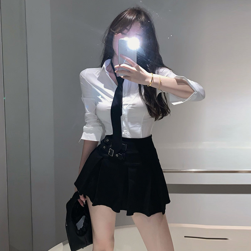 春季学院风职业性感纯欲辣妹修身长袖衬衫白衬衣上衣jk制服套装女