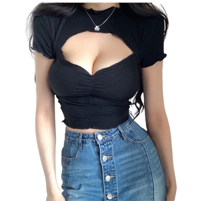 短袖热辣显现出镂空低胸t恤上衣