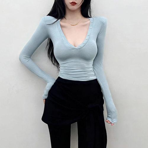 辣妹V领微透掐腰紧身长袖T恤女