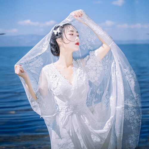 旅游网纱度假仙女长裙白色连衣裙