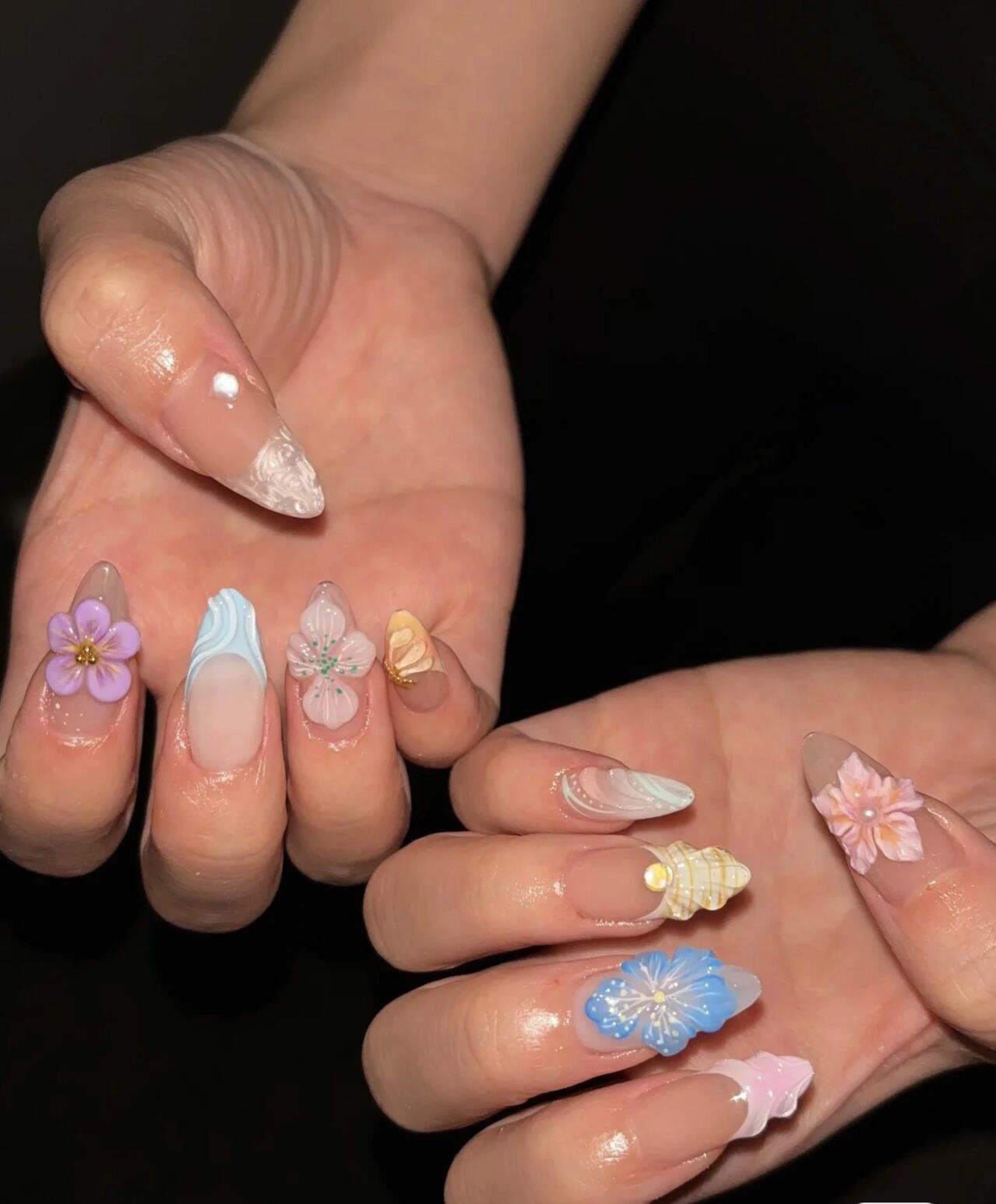 纯手工穿戴甲雕花贝壳海岛花元素美甲ins