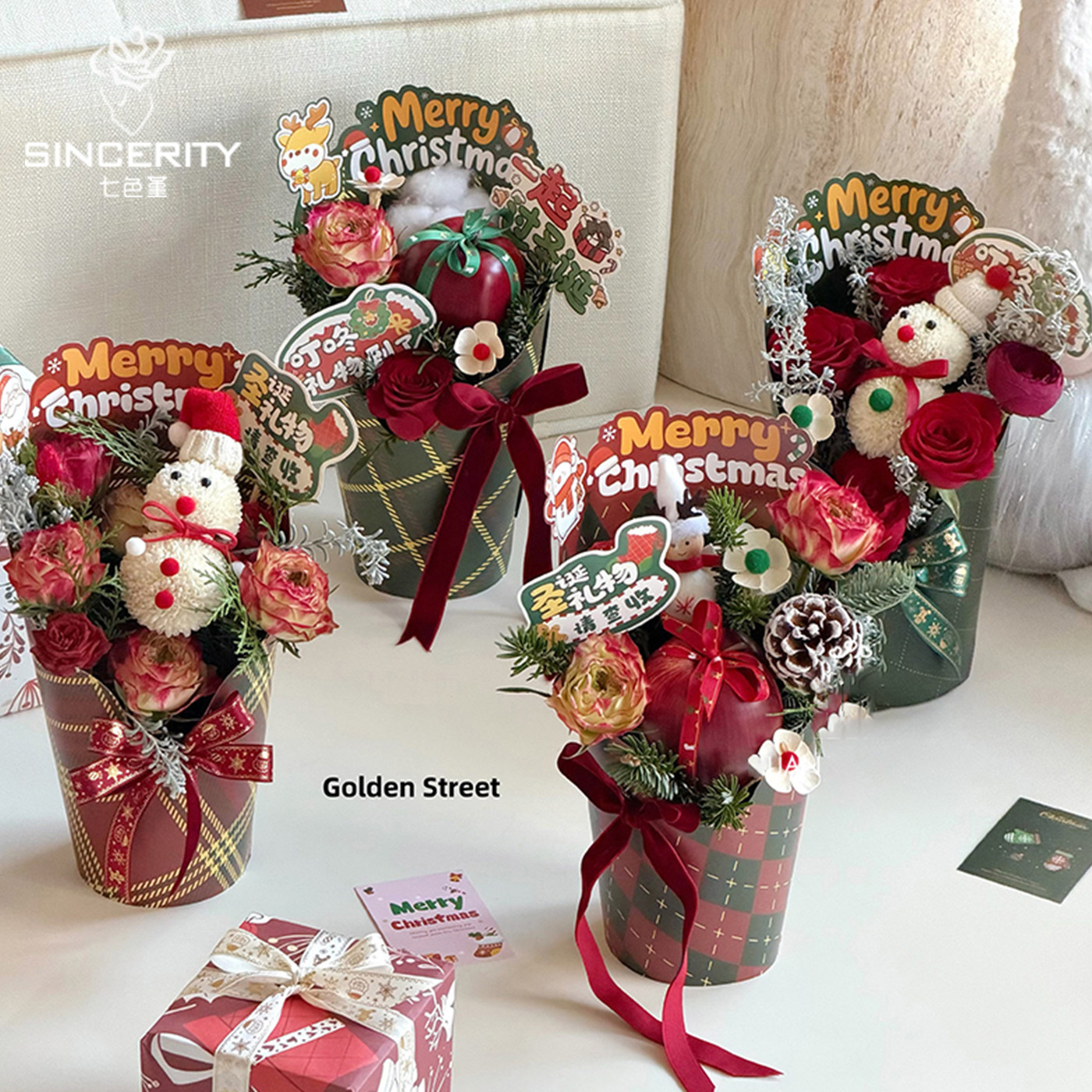 七色堇圣诞节圆形盒子内附防水杯圣诞折纸盒子鲜花包装花店花艺品