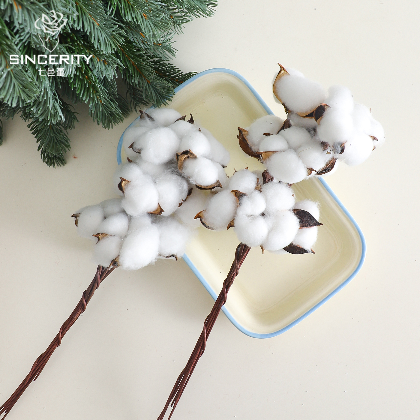 圣诞节ins天然棉花头壳带杆花艺