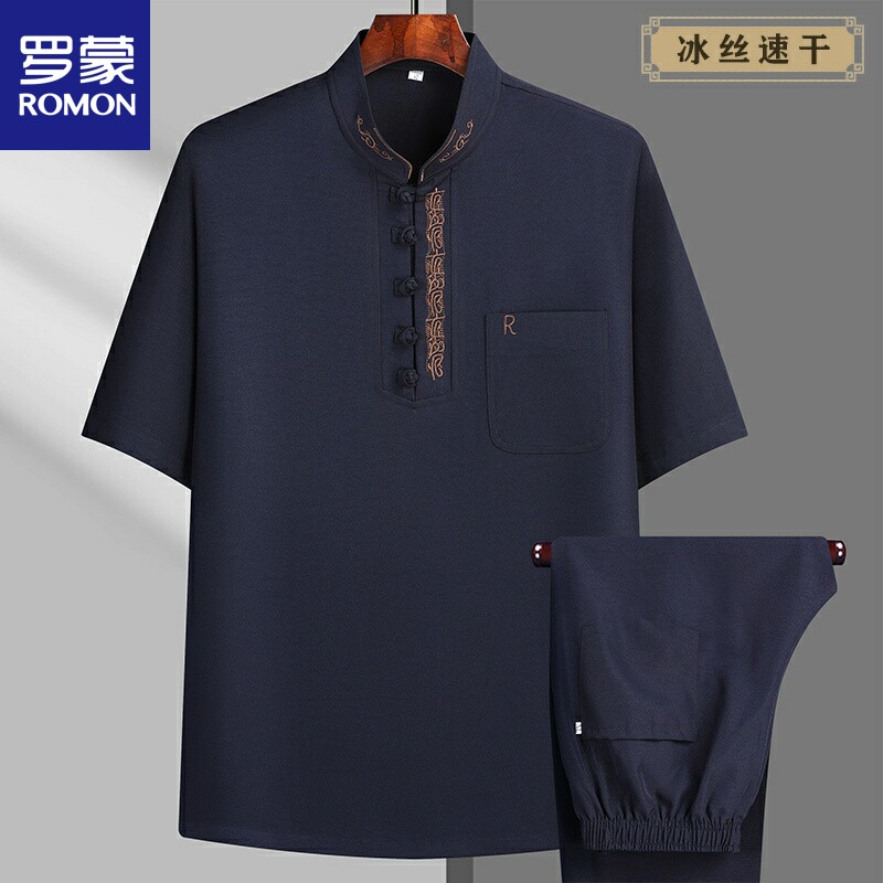 中老年人唐装男士短袖t恤夏季中国风爸爸婚礼宴汉服爷爷套装