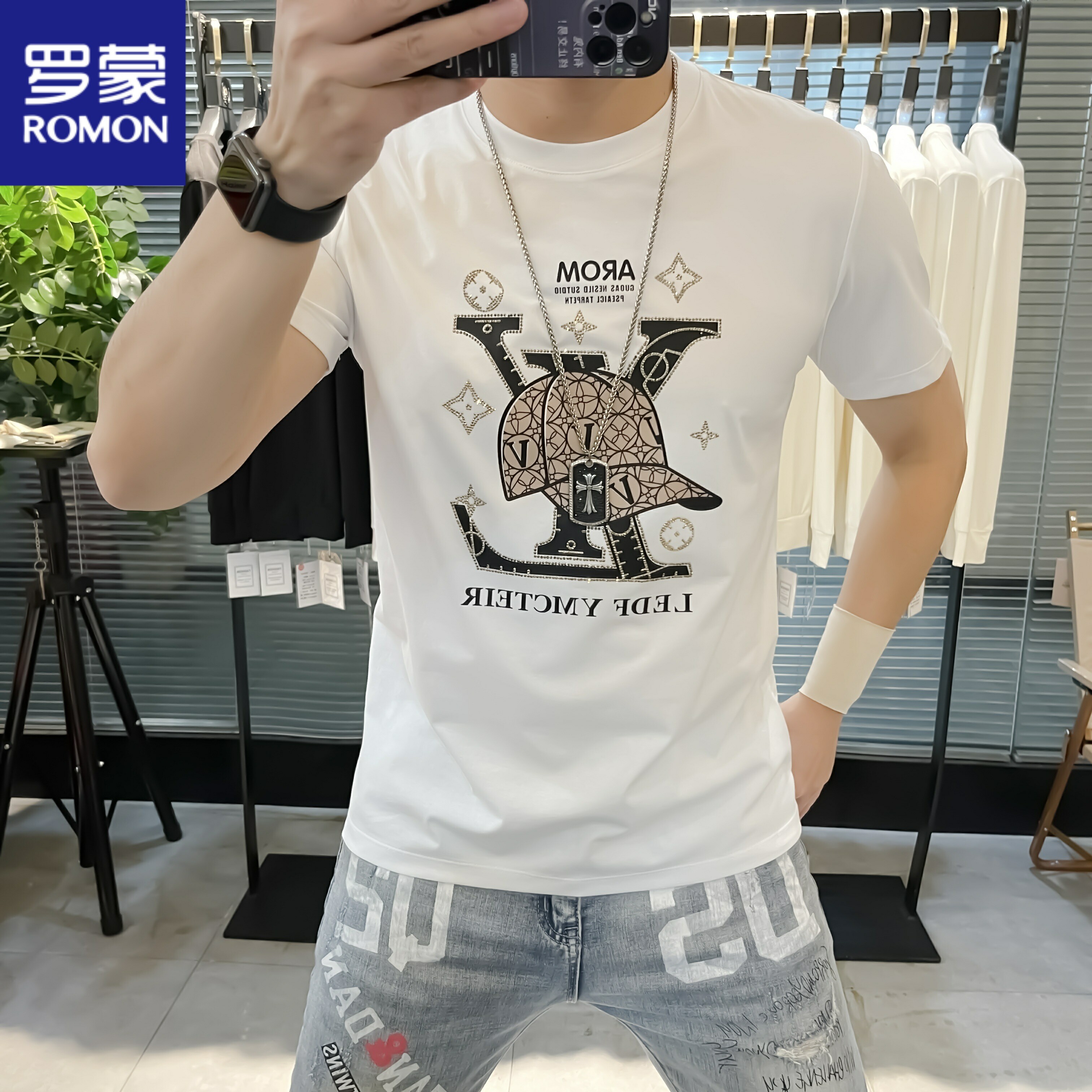 丝光棉男士短袖t恤夏季薄款高端冰丝烫钻印花圆领白色上衣服