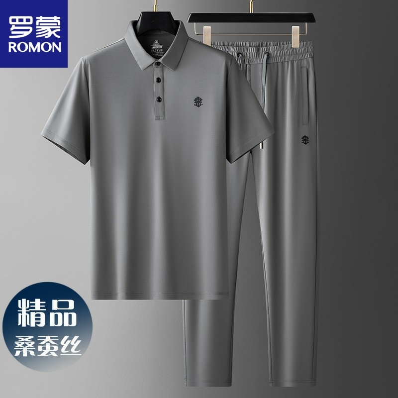 桑蚕丝休闲运动套装男士夏季新款中老年人宽松透气爸爸两件套