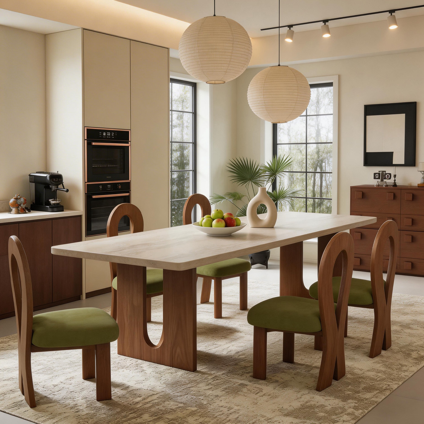 实木餐桌中古风洞石岩板胡桃木色组合家用餐厅长方形吃饭桌子复古