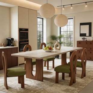 实木餐桌中古风洞石岩板胡桃木色组合家用餐厅长方形吃饭桌子复古