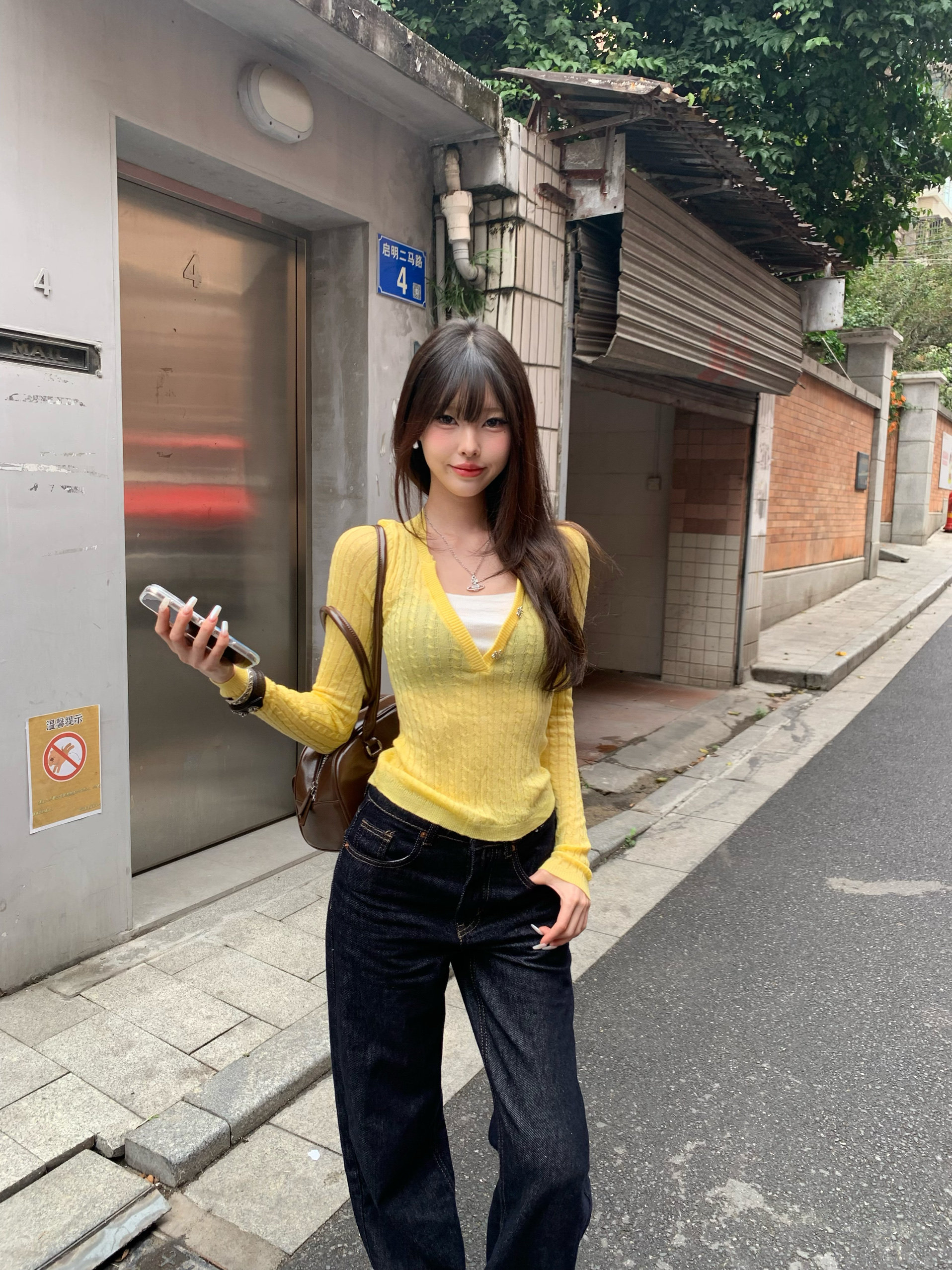Lovedeath【溏心甜妹】嫩黄色假两件V领套头麻花毛衣女拼色针织衫