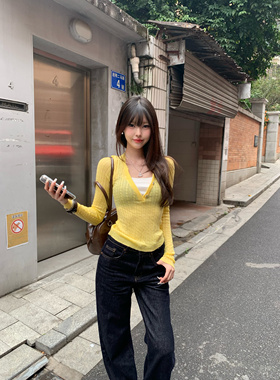 Lovedeath【溏心甜妹】嫩黄色假两件V领套头麻花毛衣女拼色针织衫