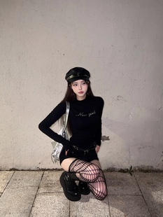 显瘦打底衫 Lovedeath 上衣女修身 黑色烫钻半高领长袖 黑色恋曲