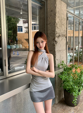 Lovedeath【清冷尤物】灰色纯欲挂脖飘带背心女斜肩无袖修身上衣