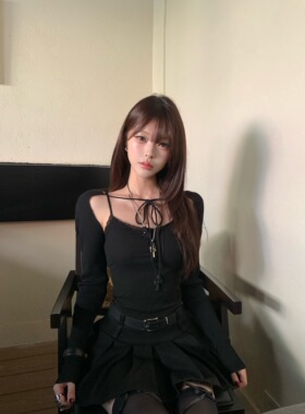 Lovedeath【爱豆私服】黑色蕾丝花边内搭上衣女高腰百褶裙套装女