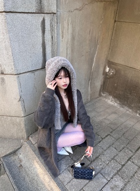 Lovedeath【五十度灰】纯欲灰色中长款貂绒开衫外套女慵懒风大衣