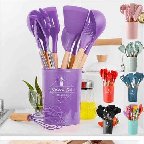 Силиконовая кухонная утварь, комплект, посуда, сиреневая ручка из натурального дерева, система хранения, 11 шт, новый цвет, широкая цветовая палитра