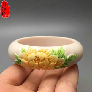 猛犸象牙金玉满堂牡丹彩绘手镯温润冰料手工刻画端庄大气送礼盒