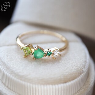 日系小众风格 女士复古绿色天然绿玉髓橄榄石戒指S925纯银镀金个性