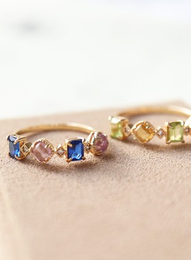 日系*限定色天然黄水晶橄榄石水晶宝石能量灭霸戒指925纯银指环