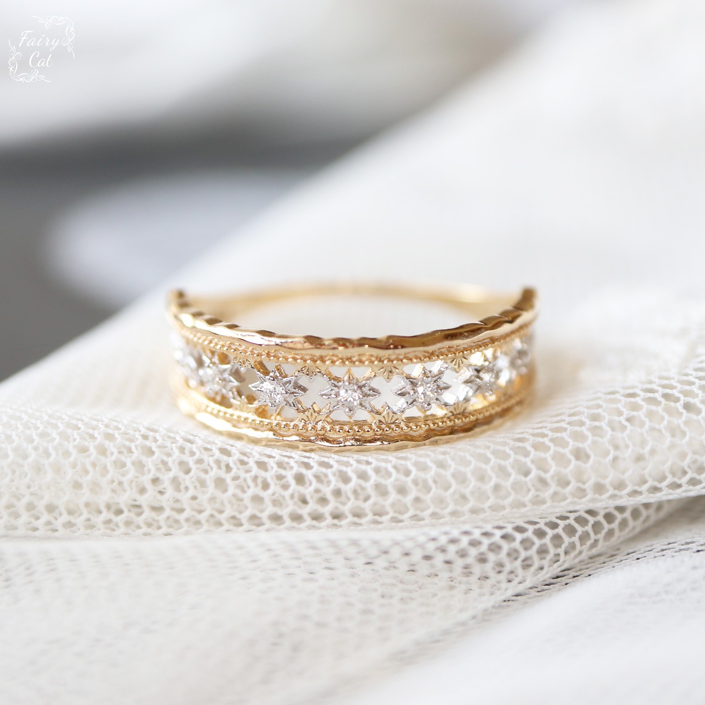 A家日系小众圣诞限定镂空星星戒指s925银镀金复古宫廷风花纹指环