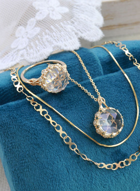 日系 A家 复古宫廷蕾丝镂空天然白水晶 项链 戒指 925纯银镀金