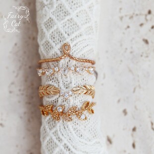 日系*同款形小钻戒指环镶钻弧度树叶羽毛叠戴尾戒925银镀金