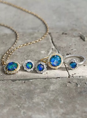 日系限定天然拼接欧泊戒指s925银镀金项链复古欧泊项链马赛克耳环