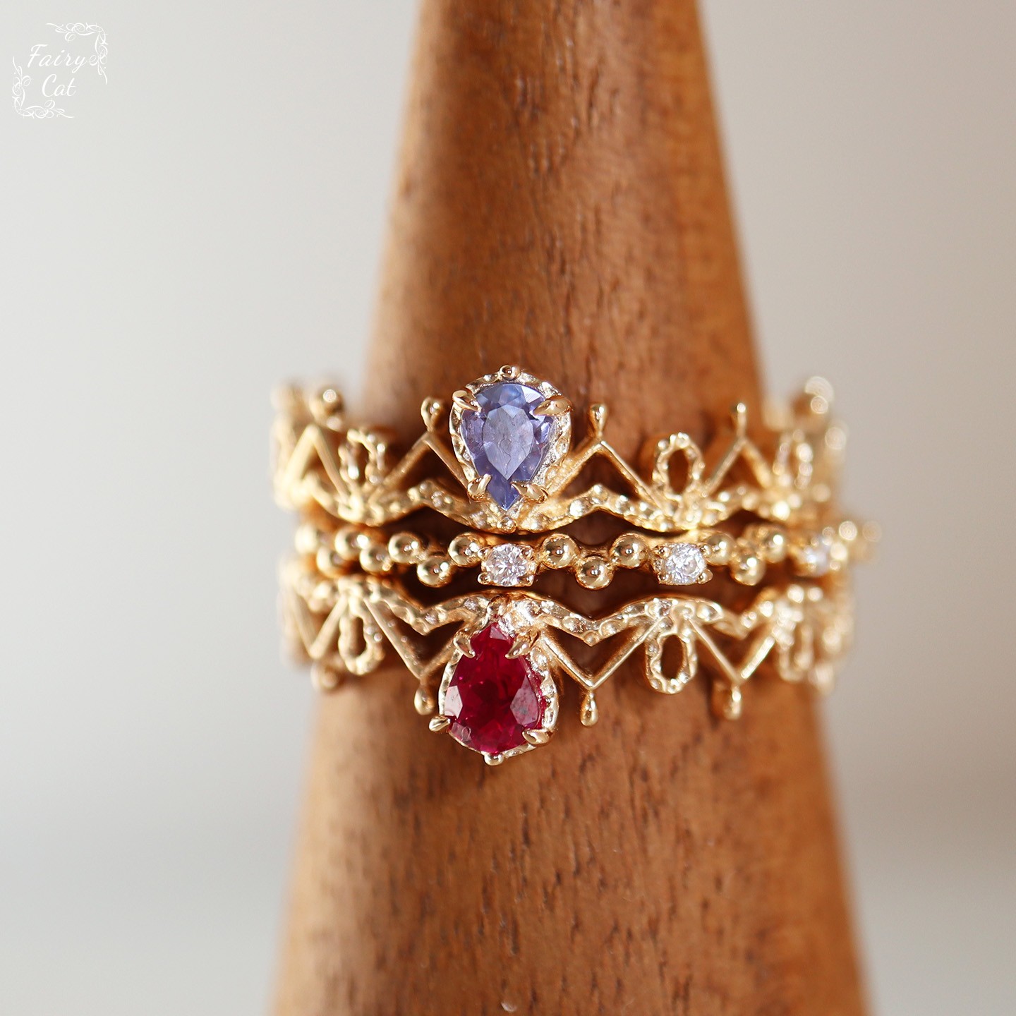 日系NJ新款中古风蕾丝天然坦桑石戒指女小众设计百搭高级感银镀金