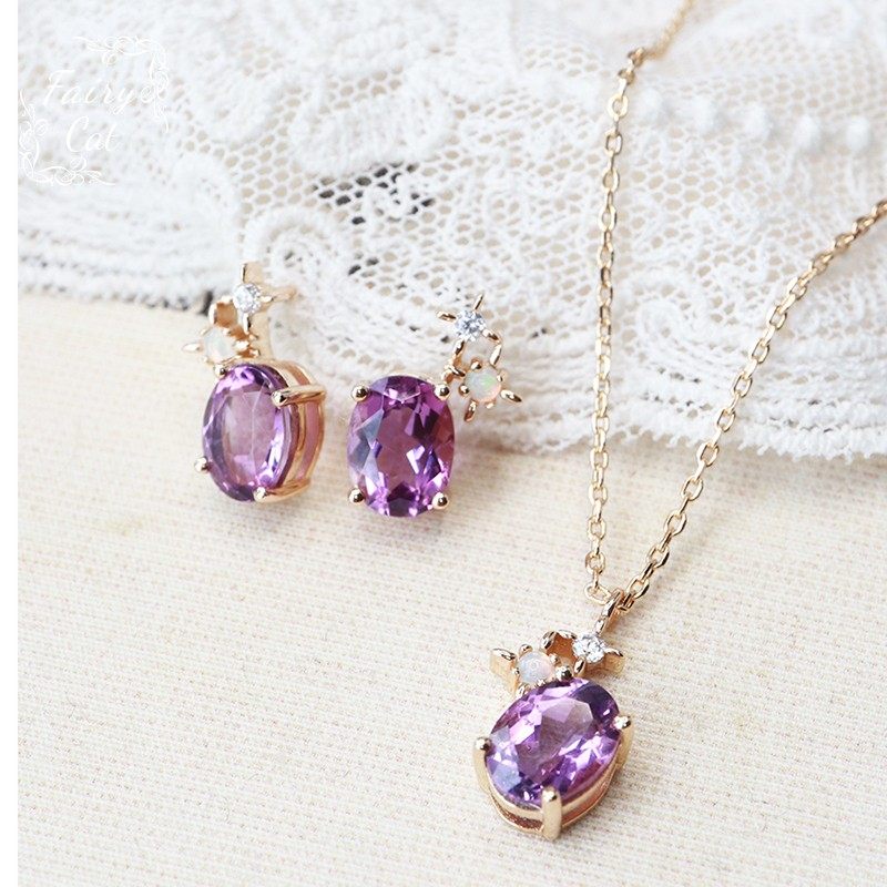 泡芙小姐。小众复古星星椭圆欧泊天然紫水晶个性项链耳环礼物银饰
