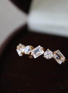 日系小众风格女士复古天然白色托帕石方块戒指S925纯银镀金饰品