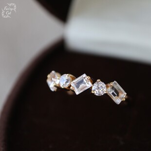 女士复古天然白色托帕石方块戒指S925纯银镀金饰品 日系小众风格
